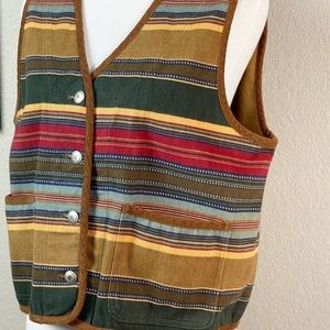 Vintage Southwest Boho Striped Corduroy Trim Vest
